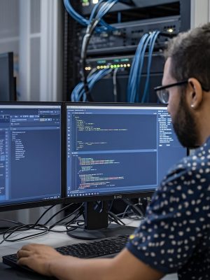 it-specialist-works-personal-computer-with-screens-showing-software-program-with-coding-language it-specialist-works-personal-computer-with-screens-showing-software-program-with-coding-language